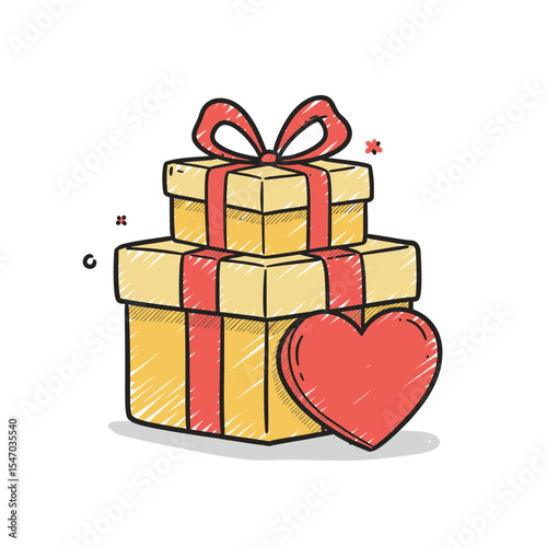 Hand-drawn gift boxes with heart. Perfect for Valentine's Day, birthday, anniversaries, or any special occasion. Symbol of love, present, and celebration illustration vector.