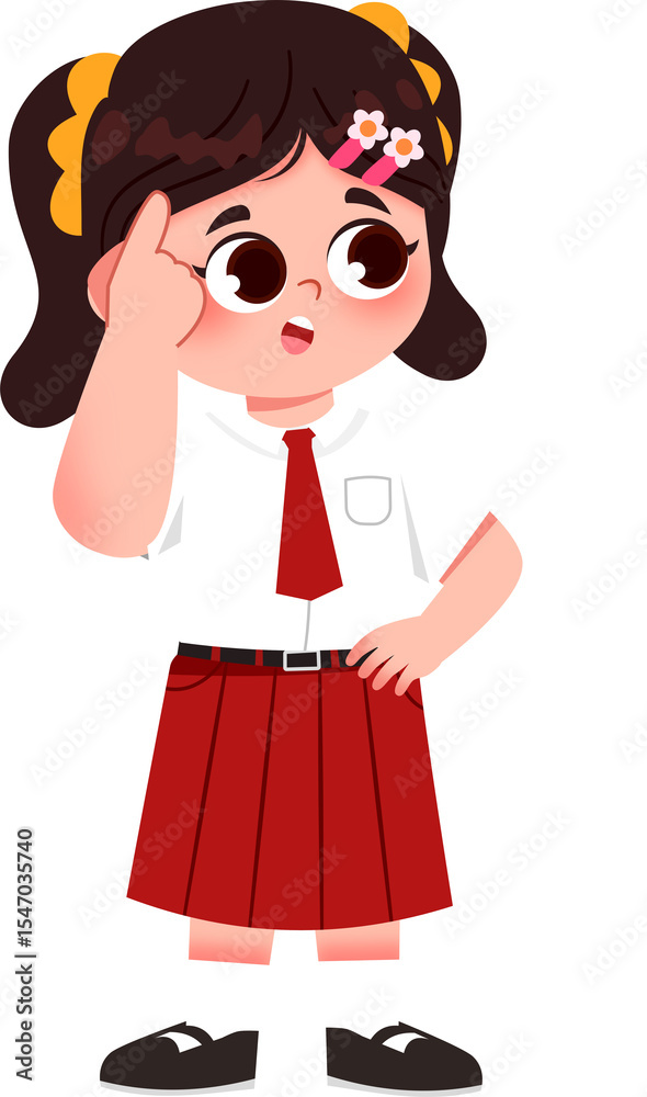 Fototapeta premium Puzzled Schoolgirl in Uniform, Thinking Pose, Cartoon Style Illustration, Red Skirt, Finger to Head. Indonesian Elementary School Student.