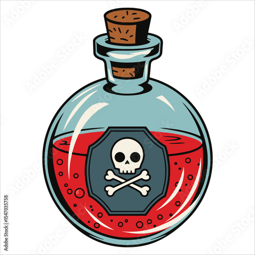 Red toxic poison bottle with skull symbol vector. Cartoon danger illustration perfect for warning signs and hazardous material concepts.