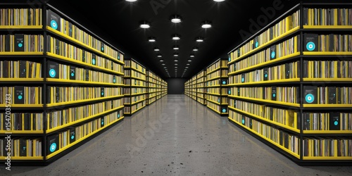 Bioethics in Gene Concept. Magnificent Modern Library Filled with Colorful Vinyl Records on Stylish Shelves in Dark Environment