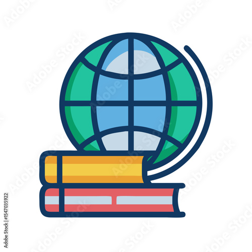 Iconic flat illustration featuring globe resting upon stack of books