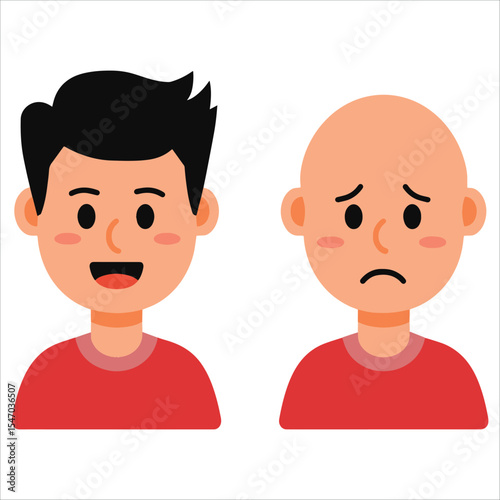Cartoon vector of depressed bald man vs happy man with hair. Visual metaphor for hair restoration solutions and confidence comparisons.