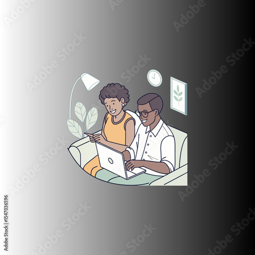 Happy couple collaborating on a laptop at home