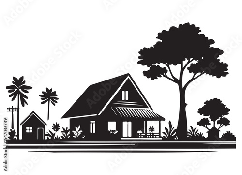 Silhouette of traditional house with landscape illustration design