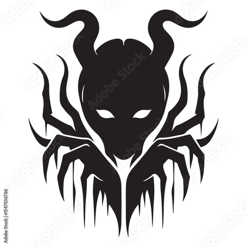 Creepy silhouette of horned monster creature with creepy face art