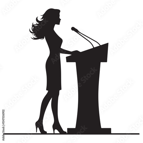 Empowering Women Leadership Inspiring Female Speaker Standing at Podium Silhouette Vector