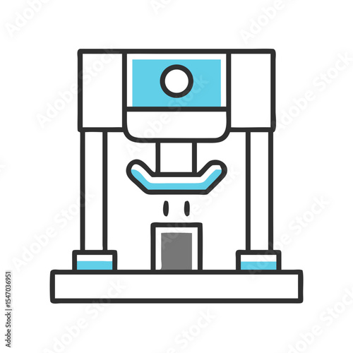 Stylized hydraulic press illustration in black, gray, and teal