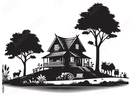 Scenic countryside house silhouette landscape vector illustration