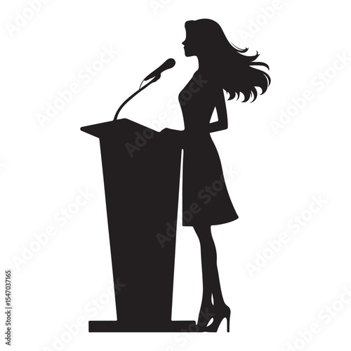 Powerful Woman Speaker Silhouette Stands at Podium Making Speech
