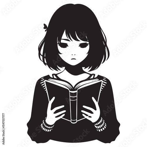 Anime Girl Reading Book Silhouette Vector For Creative Project