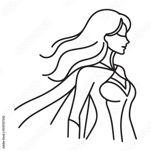 Linear Illustration of Superheroine with Cape Blowing in Wind Design