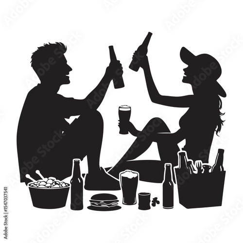 Silhouette Illustration of a Couple Enjoying a Picnic with Drinks and Food