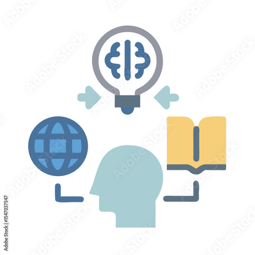 Conceptual learning illustration with brain lightbulb globe and book