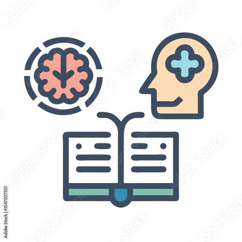 Open Book with Brain and Head Symbol Concept Illustration