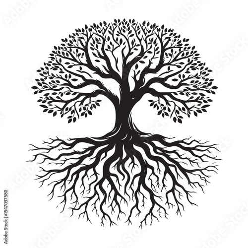 Silhouette Illustration Tree of Life Symbol with Roots Vector Graphic