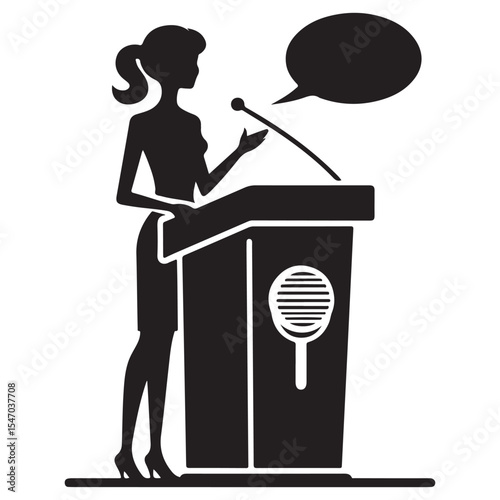 Female Speaker Silhouette Giving a Speech at Podium Illustration
