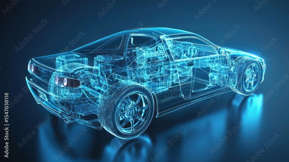 Naklejka premium A futuristic, transparent car with glowing blue lights, viewed from the side, against a dark blue background.