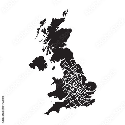 Detailed United Kingdom Map Silhouette Vector Illustration with Road Network