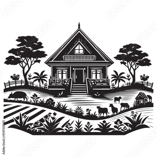 Rural Farmhouse and Landscape Silhouette Vector Illustration Graphic