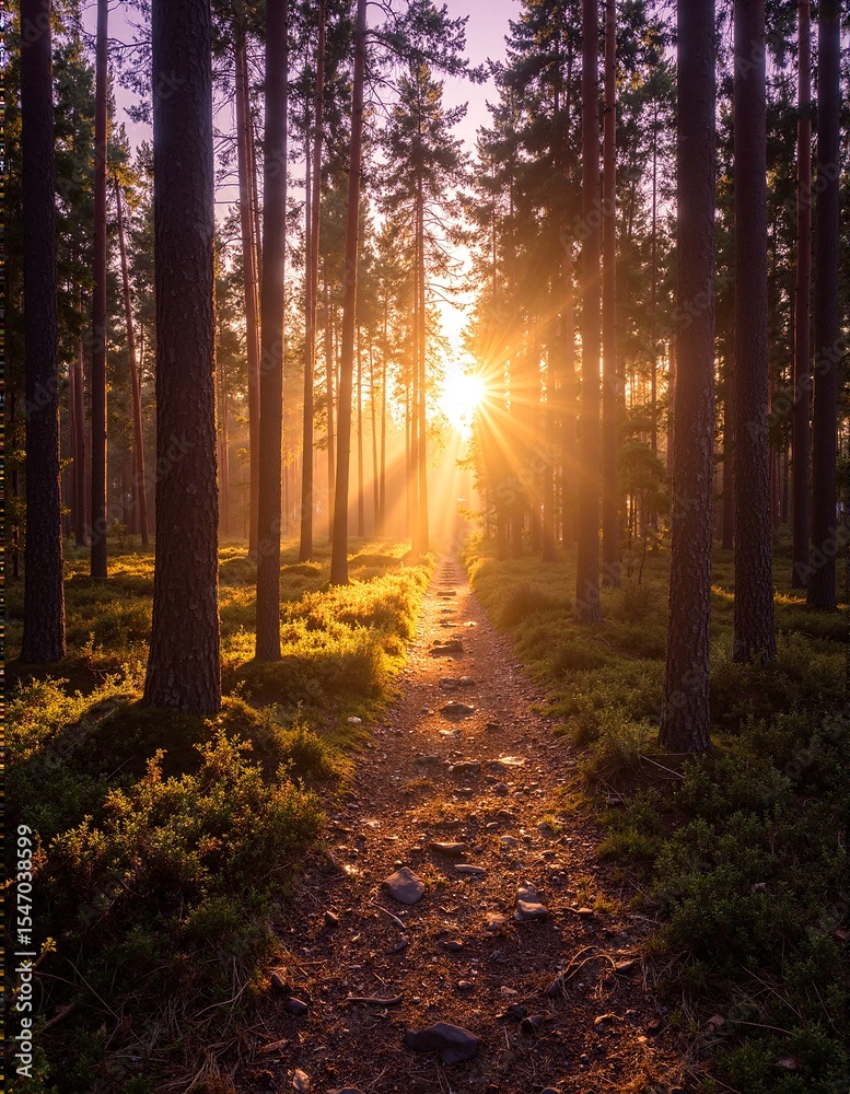 Fototapeta premium A winding dirt path meanders through a lush green forest, flanked by tall trees, leading to a bright, sunlit clearing filled with wildflowers.