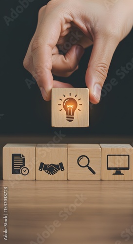 a solution-focused, problem-solving methodology used for innovation and strategic development. Design Thinking Process concept. Wooden blocks with icons; the key stages of the design thinking process