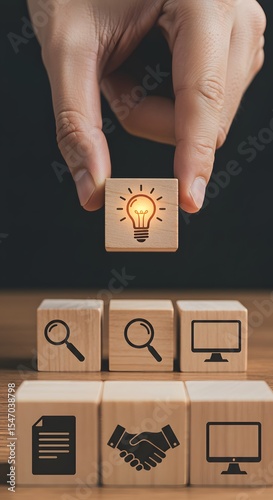 a solution-focused, problem-solving methodology used for innovation and strategic development. Design Thinking Process concept. Wooden blocks with icons; the key stages of the design thinking process