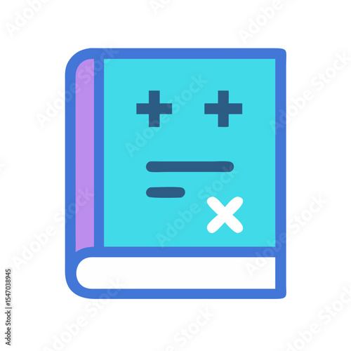 Turquoise math textbook with plus, minus, and cross symbols