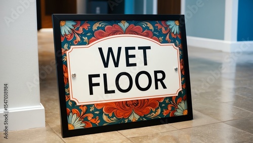 Phrase Wet Floor is displayed on an attractive signage board with clear text and beautiful background designs