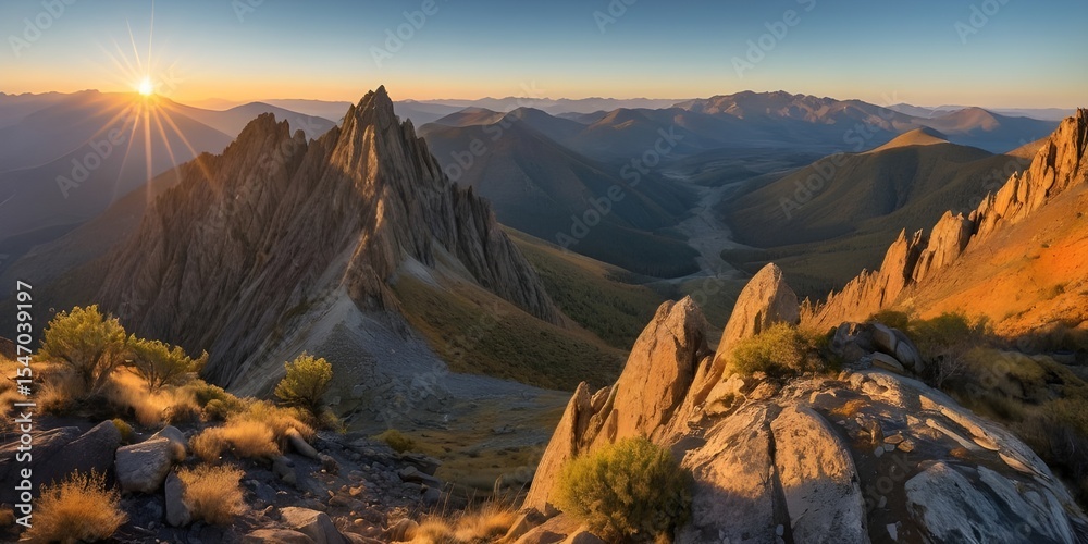 Obraz premium Panoramic Mountain Range Sunrise Landscape with Golden Light and Rugged Peaks