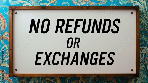 Phrase No Refunds or Exchanges is displayed on an attractive signage board with clear text and beautiful background designs