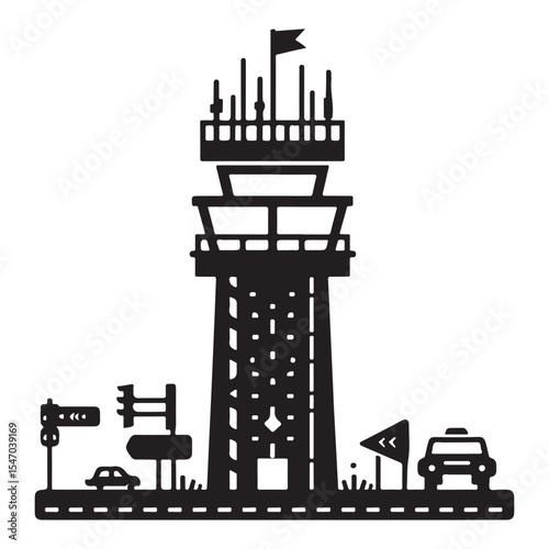 Airport Control Tower Silhouette Illustration Guiding Aviation and Travel