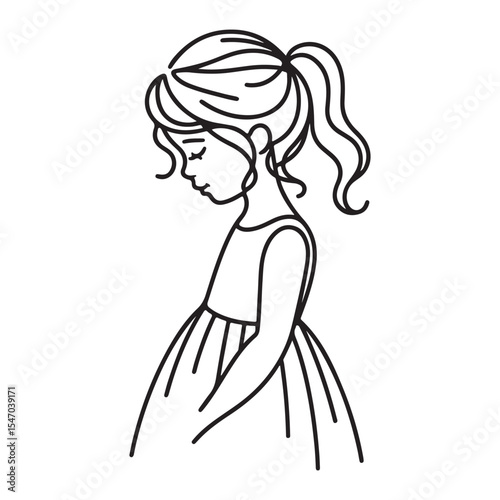 Cute Little Girl in Dress Outline Vector Illustration Image