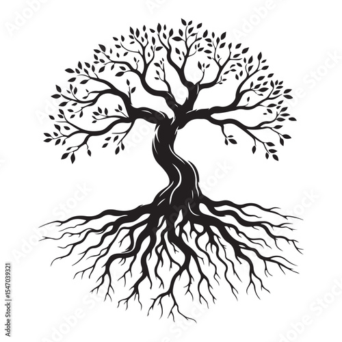 Symbolic tree of life vector design with deep root system