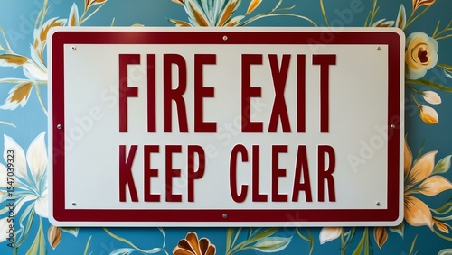 Phrase Fire Exit Keep Clear is displayed on an attractive signage board with clear text and beautiful background designs
