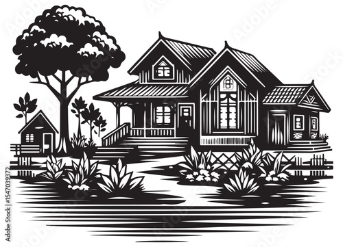 Detailed house building architecture with trees vector illustration
