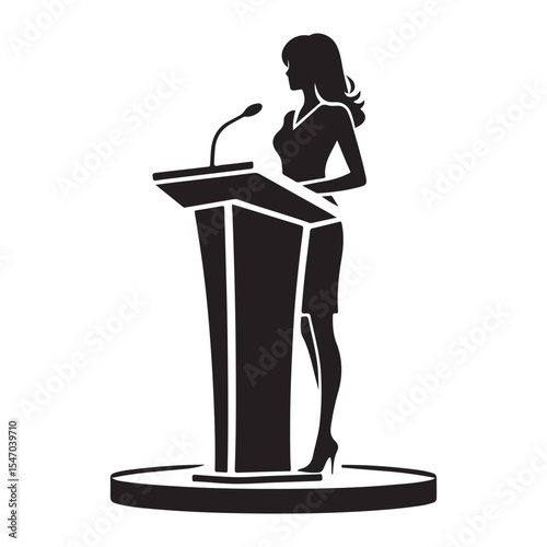Powerful Woman Silhouette Speaking on Podium Vector Graphic Element