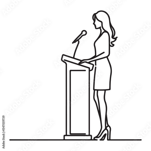 Woman Speaker at Podium Line Art Vector Presentation Illustration