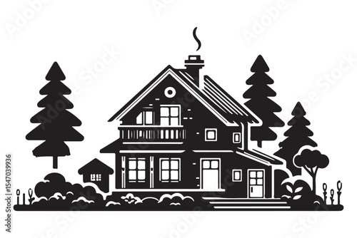 Detailed house vector illustration with trees and well maintained garden