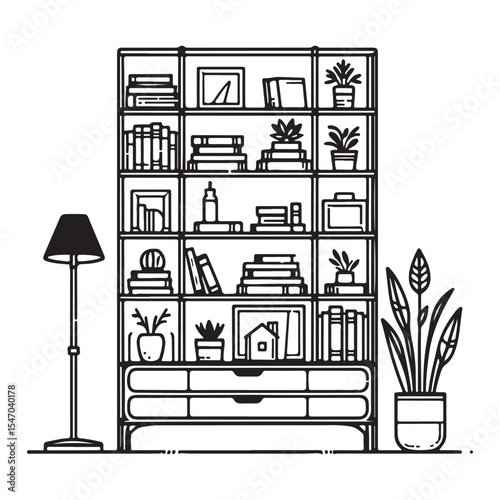 Bookshelf Interior Vector Illustration with Books and Decorations