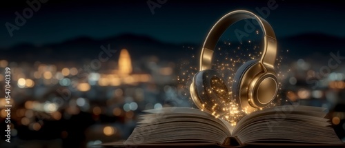 Audiobook  Headphones  Open Book  Night Cityscape  Online Learning