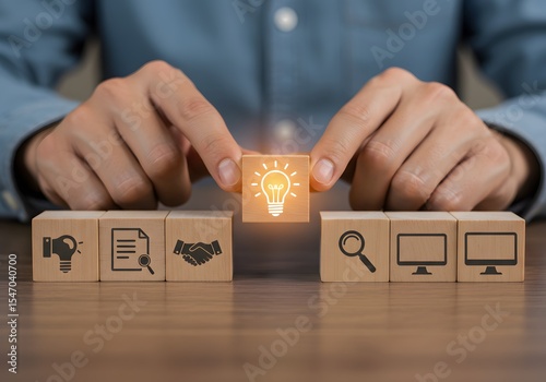 a solution-focused, problem-solving methodology used for innovation and strategic development. Design Thinking Process concept. Wooden blocks with icons; the key stages of the design thinking process
