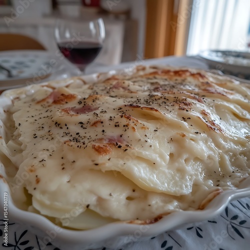 Creamy scalloped potatoes au gratin served with red wine, a delicious meal