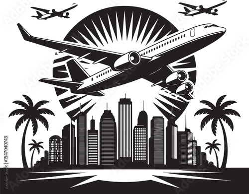 Urban cityscape vector illustration with an airplane flying across the sky