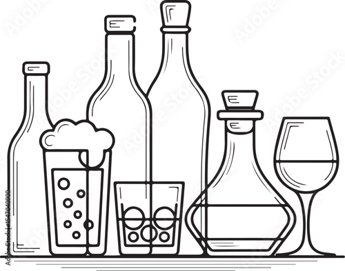 Wine and champagne bottles with assorted glasses, perfect for any celebration or bar illustration