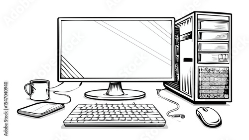 Computer Monitor Keyboard Mouse CPU Desktop Sketch Illustration - Work Office Things
