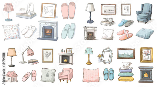 Cozy hand-drawn home decor and furniture illustrations featuring pillows, lamps, slippers, chairs, and fireplaces. Ideal for interior design, hygge themes, and lifestyle content.