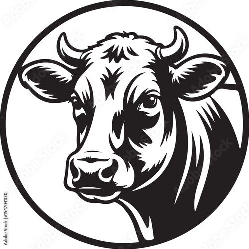 Black and white farm animal vector illustration of a cow or bull head for agriculture and dairy