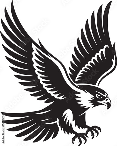 Elegant black eagle silhouette vector illustration captures the majesty of a flying hawk with outstretched wings, ideal for tattoo designs or nature symbolism