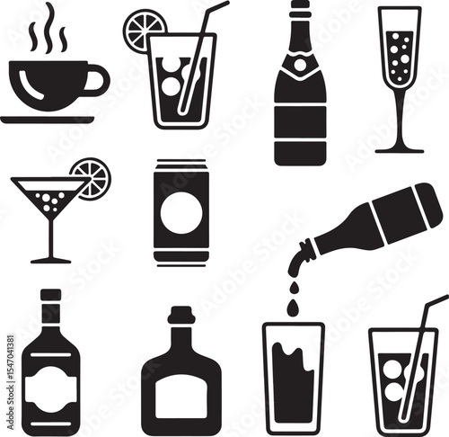 A diverse vector icon set of drinks, featuring glasses of beer, wine, cocktails, coffee, tea, and juice, along with bottles and bar symbols