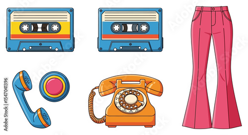 Retro Throwback Collection: Vintage Cassette Tapes, Rotary Phone, and Bell-Bottoms
